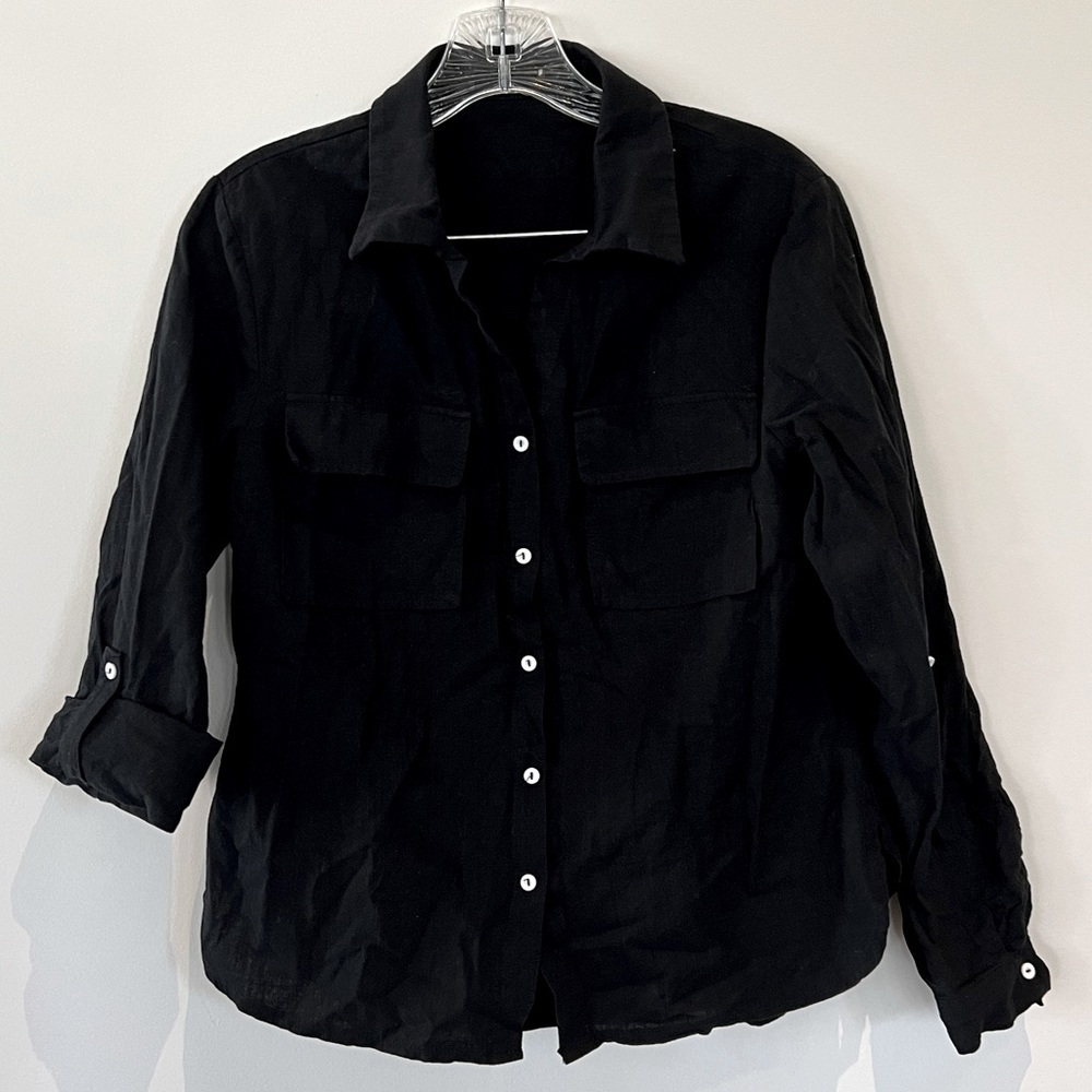 V-neck Button Down long sleeve Black Top. Size Small - Picture 7 of 9